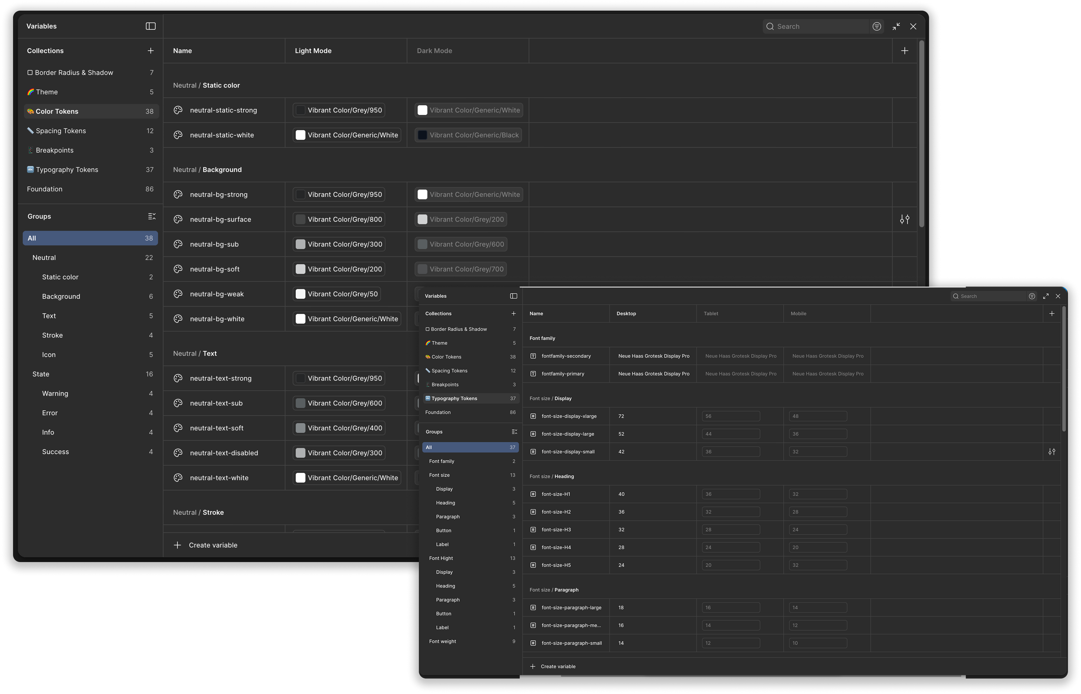 Website Redesign — Figma design tokens and variables panel